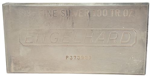 100 troy oz. Engelhard Silver Bar, marked 999 fine silver, 100 troy ounces.