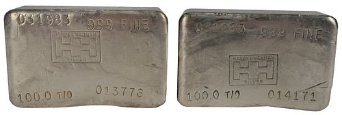 200 troy oz. Pure Silver, consisting of two 100 troy ounce bars, marked 999 fine, Handy Harman silver.