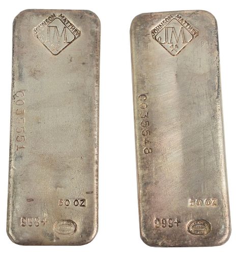 100 troy oz. Pure Silver, consisting of two 50 troy ounce bars, marked Johnson Matthew.