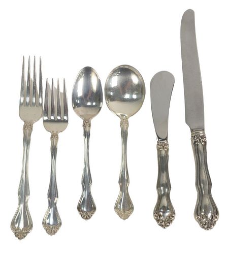 Sixty Piece Westmoreland Sterling Silver Flatware, to include ten luncheon forks, ten dinner forks, nine soup spoons, fifteen teaspoons, four serving 