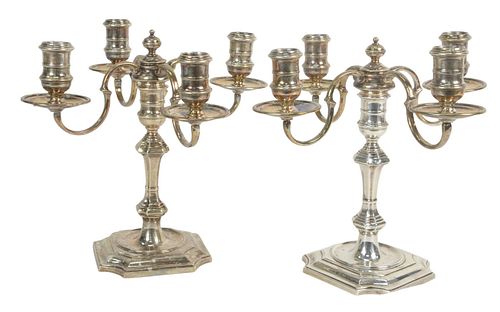 Pair English Sterling Silver Candelabras, marked James Robinson, Incorporated, New York, height 8 3/4 inches, 67.4 t.oz.
