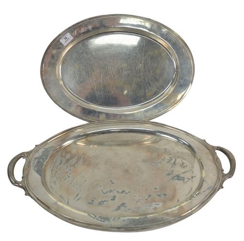 Two Large Sterling Silver Oval Trays to include Gorham with knife cuts, length 20 inches, along with a two handled tray, length 25 inches, 136.8 t.oz.