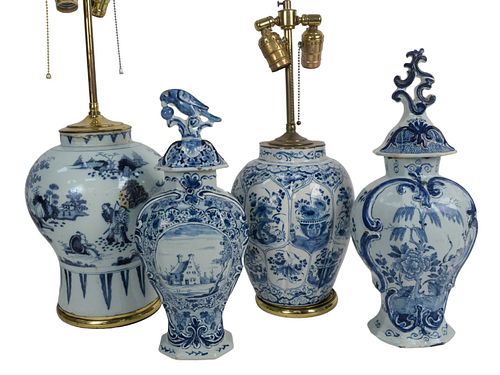 Group of Four Blue and White Delft Pieces to include a vase with foliate panel design, a vase with Oriental garden landscape with figures, repaired, 1