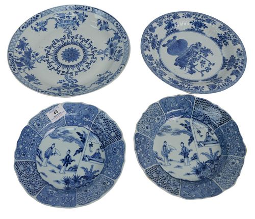 Four piece lot to include a pair of Chinese Blue and White Deep (Soup) Dishes with scalloped edges and figural decoration, 19th century, depth 9 inche