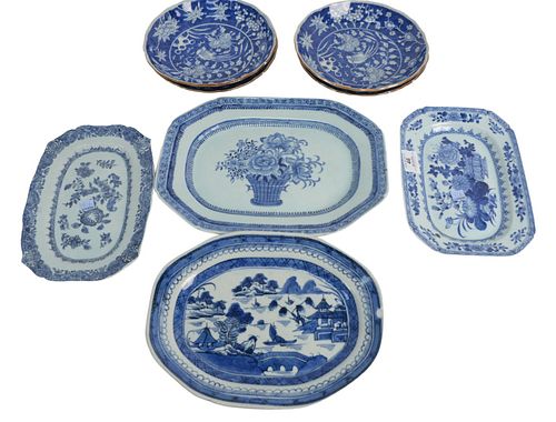 Eight Piece Group to include four Chinese blue and white platters, one canton and three floral decoration, along with four Chinese blue and white deep