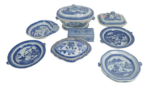 Eight Piece Lot of Canton to include 3 warming plates, 3 covered dishes, 1 covered box, largest height 7 inches, length 12 inches. Provenance: From a 