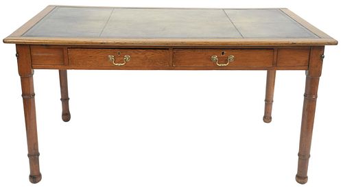 George IV Oak Writing Table, with inset tooled leather top over two drawers in frieze, height 30 1/2 inches, top 36" x 60".