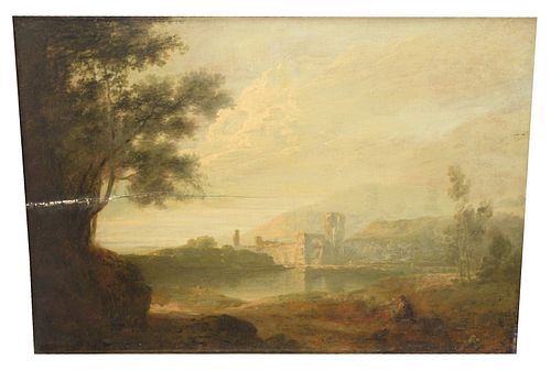 After Old Master Landscape (19th Century), with a sitting man in the foreground and a village in the background, oil on panel, unsigned, with a handwr
