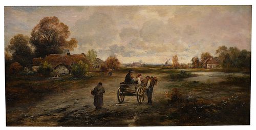 Dutch School (late 19th/early 20th Century), village scene with windmill, oil on canvas, signed illegibly lower right "Boil...", 12 1/2" x 25".