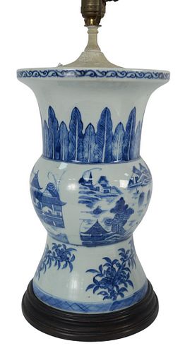 Chinese Blue and White Porcelain Vase made into a table lamp, vase height 13 inches. Provenance: From a Newport, Rhode Island historic home, in the sa