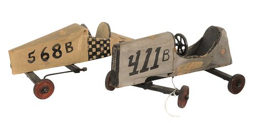 Two Canvas American Soap Box Derby Car Models, handmade wood frames and wheels having painted canvas body, 568B and 411B, 1940's, approximate height 7