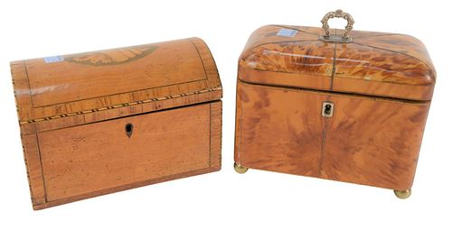 Two Tea Caddies to include a Regency tortoise shell tea caddy having silver inlay lift top, opening to two fitted compartments with covers, height 5 i