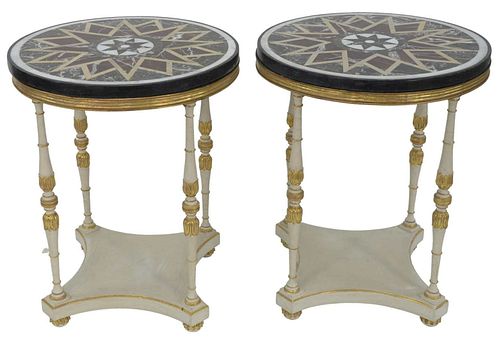 Pair of Specimen Top Tables, with star designs on white gilt decorated bases, height 30 3/4 inches, diameter 24 1/4 inches.