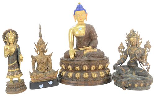 Group of Four Bronze Chinese Figures to include large two-part seated Buddha on lotus form base; standing Guanyin; along with two other seated Buddha 