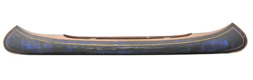 H.B. Arnold and Company Courting Canoe having blue painted canvas exterior over bentwood deck with brass plaque marked H.B. Arnold and Company, Waltha