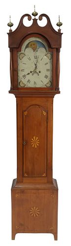 Federal Cherry Tall Case Clock, having tombstone painted dial and moon phase cage, broken arch top with three brass finials over door over base with b