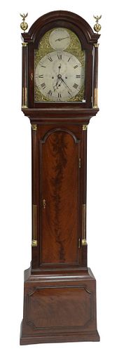 Thomas Jackson Mahogany Tall Case Clock having arched hood with brass eagle and ball finials, brass face marked Tho Jackson, London, brass stop flutin