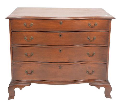 Chippendale Mahogany Four Drawer Chest having serpentine front on ogee bracket feet, height 31 1/2, width 36 1/2.