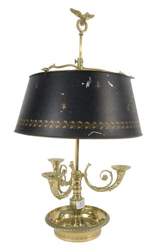 French Bouillotte Table Lamp, having 3 scrolled candle arms with mask decoration and told shade, 19th century, height 28 inches.