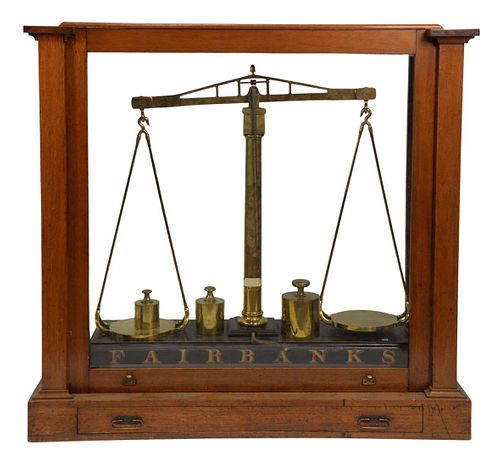 Monumental Fairbanks Balance Scale, brass balance supports and weights on iron painted base in oversized mahogany and glass case with drawer, height 4