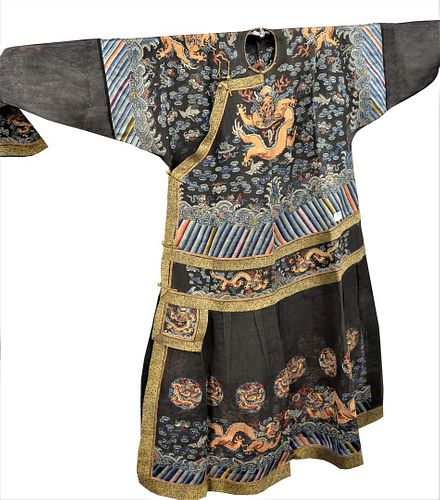 Three Chinese Robes, to include a five claw dragon robe having silk and gold threads, dragon amongst clouds and cranes; purple foo lion robe; along wi