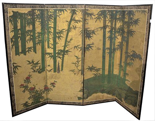 A Four-Fold Gold Leafed and Painted Paper Screen, subject of embossed fencing, made from bound brush, decorated with a Kano school nature scene, Edo p