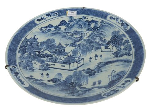 Chinese Blue and White Charger depicting outdoor exterior scene of figures and pavillions, 19th century, diameters 19 inches.