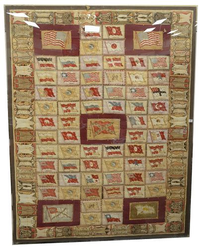 American Cotton Flannel Tobacco Quilt, of assorted countries and animal skins, circa 1920, 80" x 60".