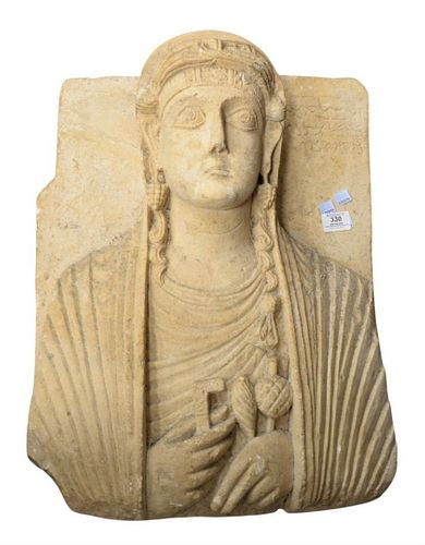 Carved Stone Bust of a Woman, possibly Palmyrian, having carved relief of a woman wearing a shawl and holding three items, back having writing, 24" x 
