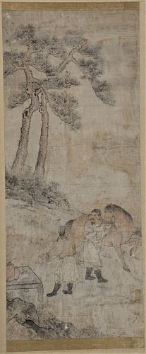 18th Century Chinese Framed Scroll Painting depicting two men and a horse, ink and color on paper, image 45" x 18". Provenance: Previously in the coll