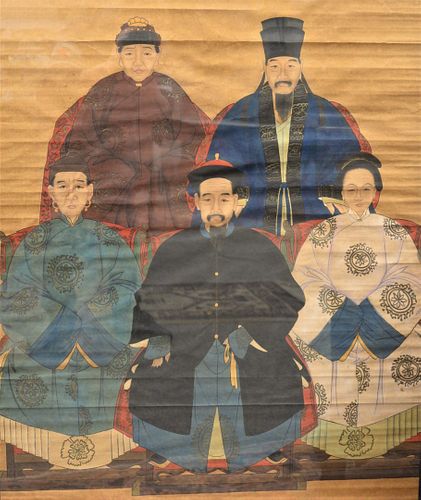Large Framed Chinese Ancestral Group, painting on paper, front figures having hibiscus on their robes, image 39 1/2" x 32 1/2".
