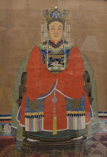 Large Chinese Ancestral Portrait seated scholar figure wearing a red robe with dove patch, oil on silk, 34" x 49".