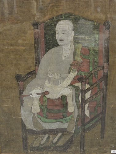 Large Framed Rare Sino-Korean Monastic Portrait of "Yuan Chiao Kuo Shih Chih Hsiang" ink and oil on silk, circa 14th/15th centuries or later, having R