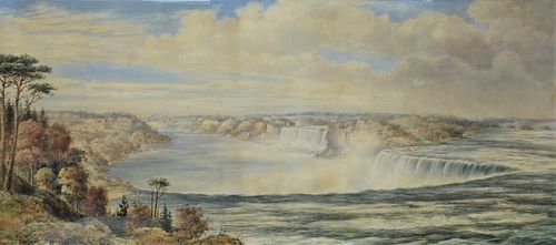 Washington Friend (British/American, 1820 - 1886), Niagara Falls From Above with railroad and train on bridge in background, watercolor on paper, poss