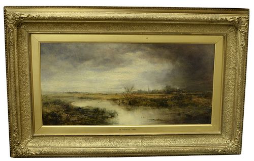 Robert Tonge (British, 1823 - 1856) Marsh-side Landscape, 1851, oil on glue lined canvas, signed and dated lower left "R. Tonge, 1851", 14 1/4" x 28 1
