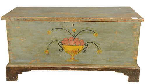 Chippendale Chest, with lift top old blue paint with compote of fruit all on bracket base, (top loose), height 19 inches, top 15 1/4" x 38".