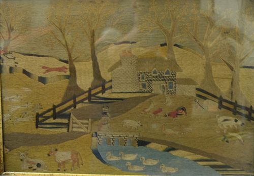 Woolwork farmyard with animals, pond, house and fox hunt, in birdseye maple frame, probably late 18th century, 14" x 19 1/2". Provenance: The Estate o