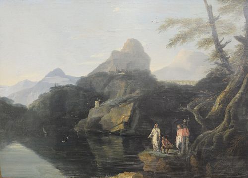 In the Manner of William Hodges (British, 1744 - 1797), Mountainous landscape with figures, oil on canvas, unsigned, 32 1/2" x 45 1/4".