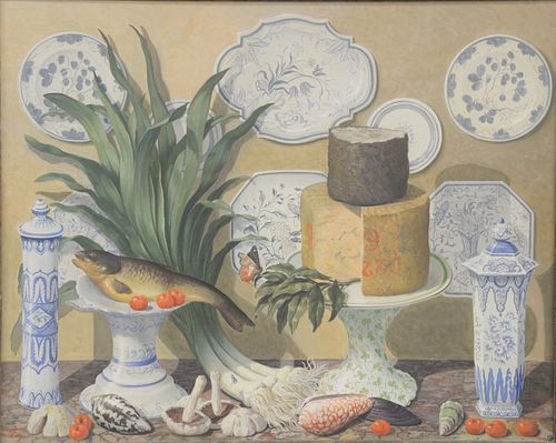George Oakes (British, 1940 - 2017) Trompe l'oeil, Still life with leeks and cheese, oil on board, monogrammed lower right "G.O.", 28 1/4" x 35 1/4".