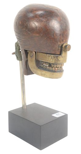 Wood and Brass Dental Articulator, modeled as a full, carved wood dentist mannequin head, heavy brass hinged jaw, with molded fixed teeth, mounted on 