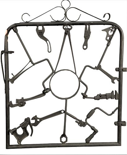 Rodney Rosebrook, folk art metal tool gate form, circa 1981, 42" x 35" x 3".