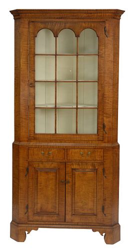 Custom Made Chippendale Style Tiger Maple Corner Cupboard, in two parts having upper portion with single glazed door on lower section with two drawers