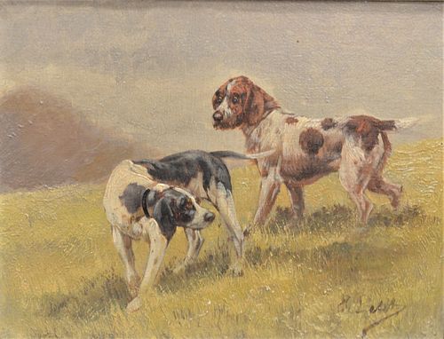 British School (19th Century), two setters, oil on canvas, signed indistinctly lower right, 7 1/2" x 9 1/2".