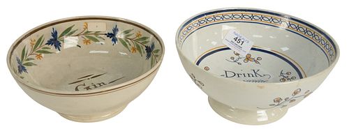 Two English Bowls one marked "Gin," the other marked "Drink Round," 19th century, diameters 7 1/8 and 7 3/8 inches. Provenance: From a Newport, Rhode 