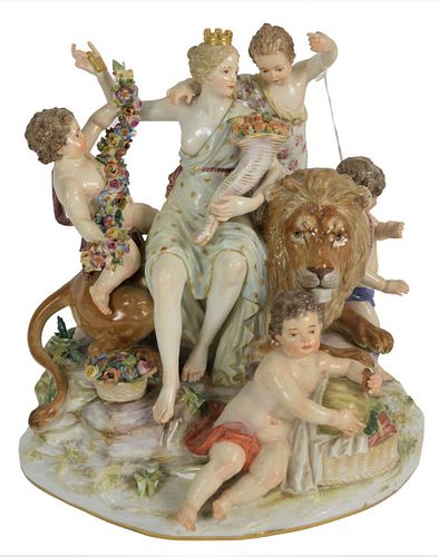 Meissen Figural Group, Cybelle crowned goddess seated on a lion holding cornucopia in one hand and a key in the other, 4 cherubs, (losses and missing 