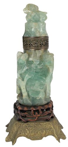 Carved Green Quartz Table Lamp on carved hardstone base, total height 24 inches.
