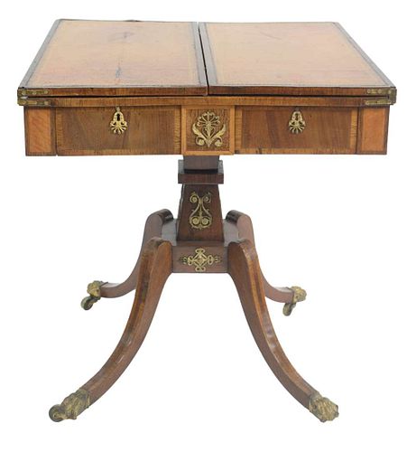 Regency Rosewood Library Table with ormolu mounts, top opens from either end, leather top having two opposite side drawers in frieze, on square shaft 