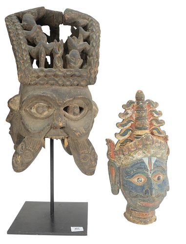 Two Carved Wood Items to include an African carved mask, total height 28 1/2 inches, and a carved and painted bust wearing a headdress, height 17 1/2 