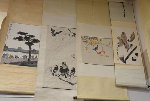 Six Oriental Scrolls to include watercolor Falcon tied to tree 35" x 16", watercolor of man ringing bell 25" x 12", and watercolor of six black birds 