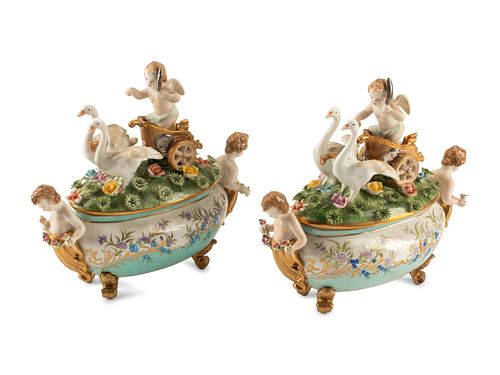 A Pair of German Porcelain Figural Tureens
Height 10 x width 11 x depth 5 inches.